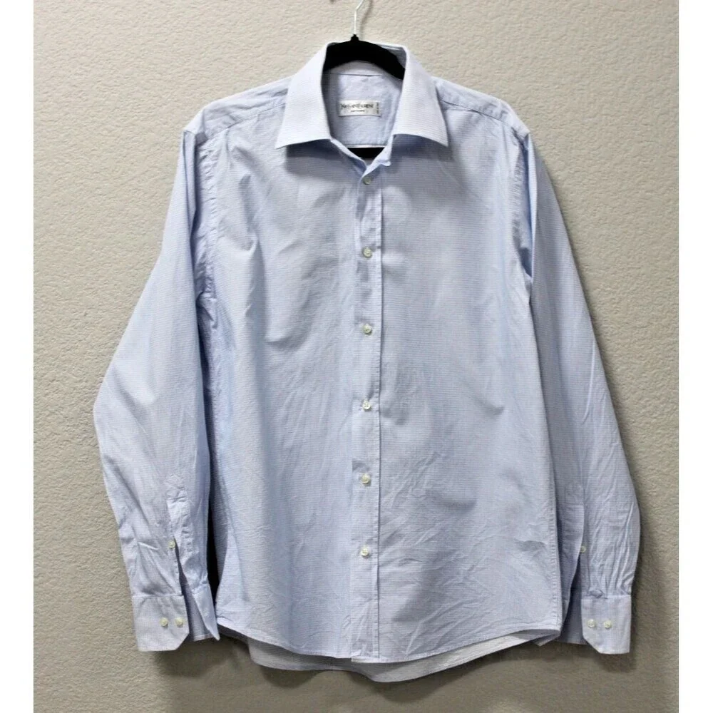 Yves Saint Laurent Mens Button Up Dress Shirt Blue and White Check 16.5 / 42